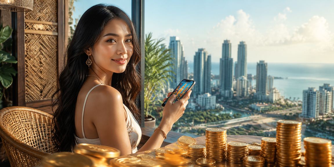 Pengguna bermain casino mobile sambil minum kopi di kafe modern berbahasa Vietnam