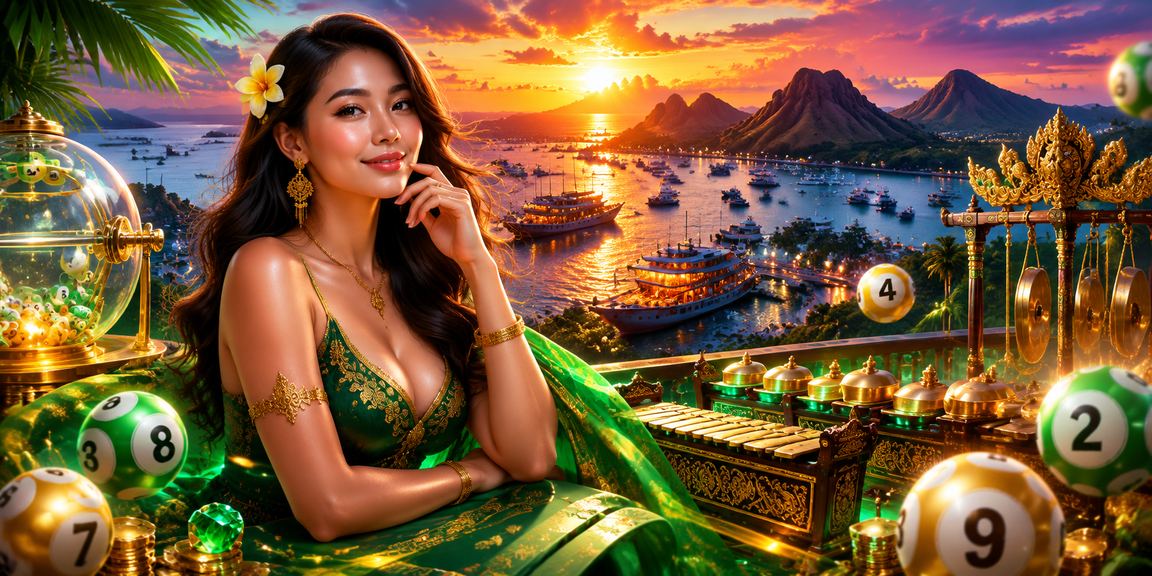 Wanita tersenyum sambil memegang tiket lotre di depan layar digital penuh angka